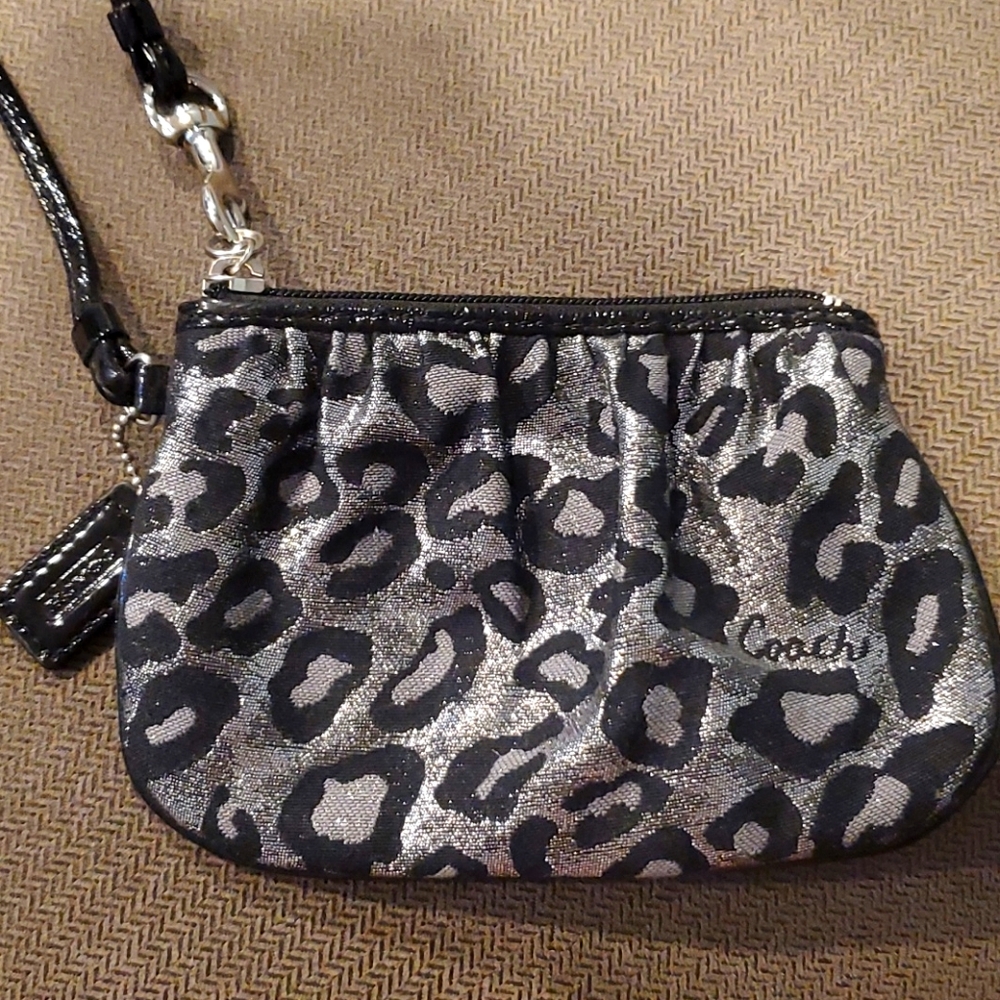 Coach wristlet black silver leopard print